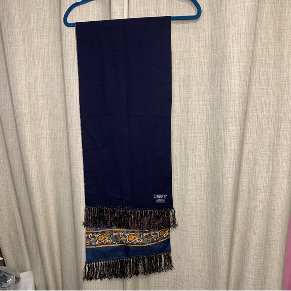 Vintage Liberty Silk Floral Scarf Wool Navy Blue Reverse Brown Botanical Fringes - Picture 9 of 13
